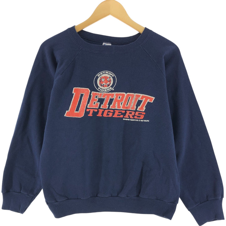80'S Champion Tricot Tag Detroit Tigers Print Sweatshirt, Made in USA, Men's L size Creslan navy blue type Vintage Second Hand
