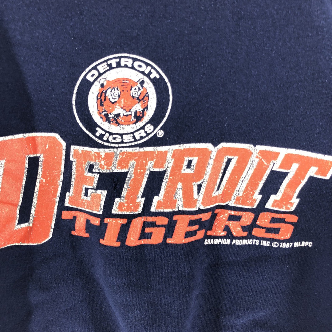 80'S Champion Tricot Tag Detroit Tigers Print Sweatshirt, Made in USA, Men's L size Creslan navy blue type Vintage Second Hand