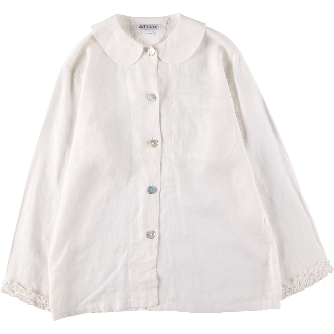 DANNY NOBLE Ruffled Round Collar Long Sleeve Linen Shirt, Made in USA, Women's Size Small linen white type Vintage Second Hand