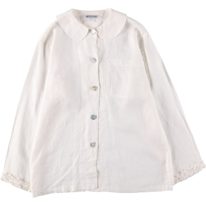 DANNY NOBLE Ruffled Round Collar Long Sleeve Linen Shirt, Made in USA, Women's Size Small linen white type Vintage Second Hand