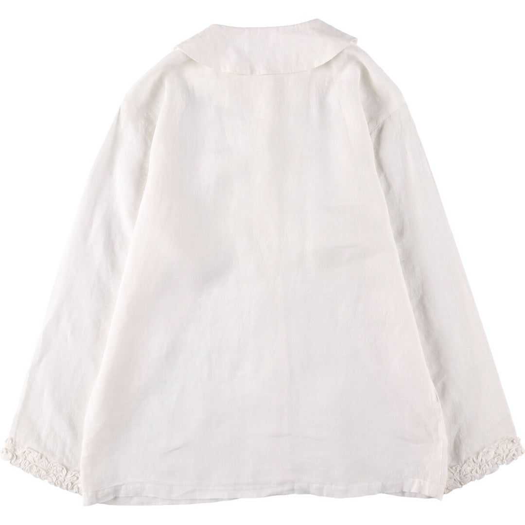 DANNY NOBLE Ruffled Round Collar Long Sleeve Linen Shirt, Made in USA, Women's Size Small linen white type Vintage Second Hand