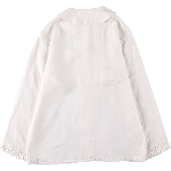 DANNY NOBLE Ruffled Round Collar Long Sleeve Linen Shirt, Made in USA, Women's Size Small linen white type Vintage Second Hand