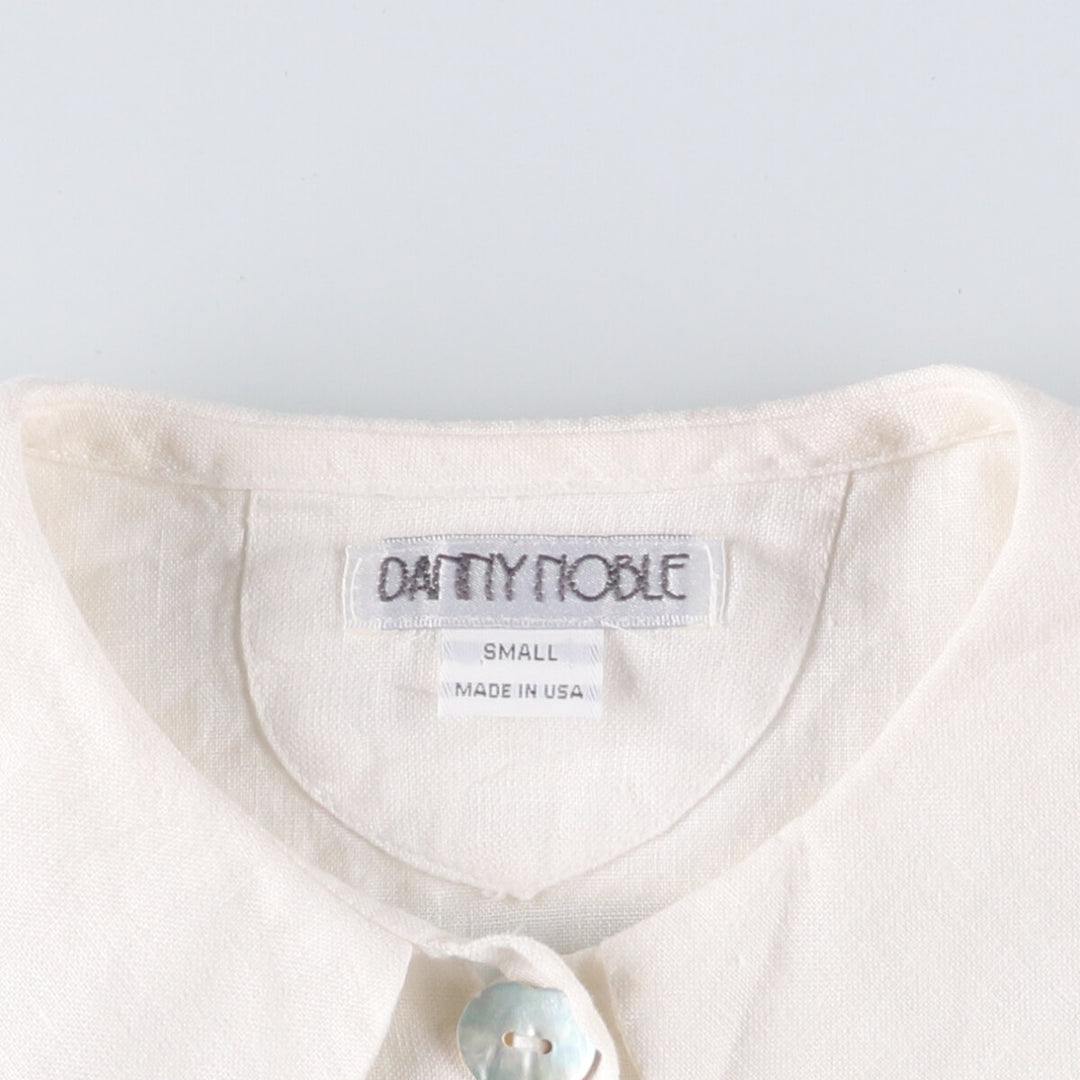 DANNY NOBLE Ruffled Round Collar Long Sleeve Linen Shirt, Made in USA, Women's Size Small linen white type Vintage Second Hand