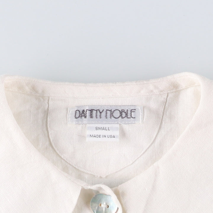 DANNY NOBLE Ruffled Round Collar Long Sleeve Linen Shirt, Made in USA, Women's Size Small linen white type Vintage Second Hand