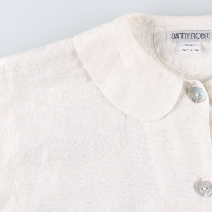 DANNY NOBLE Ruffled Round Collar Long Sleeve Linen Shirt, Made in USA, Women's Size Small linen white type Vintage Second Hand