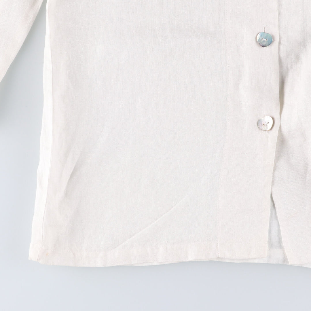 DANNY NOBLE Ruffled Round Collar Long Sleeve Linen Shirt, Made in USA, Women's Size Small linen white type Vintage Second Hand