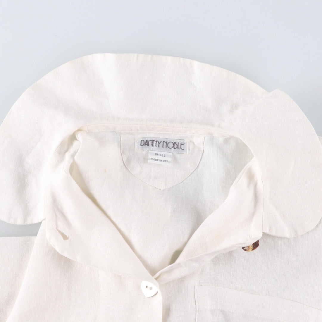 DANNY NOBLE Ruffled Round Collar Long Sleeve Linen Shirt, Made in USA, Women's Size Small linen white type Vintage Second Hand
