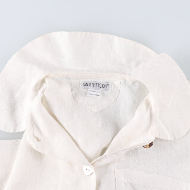 DANNY NOBLE Ruffled Round Collar Long Sleeve Linen Shirt, Made in USA, Women's Size Small linen white type Vintage Second Hand
