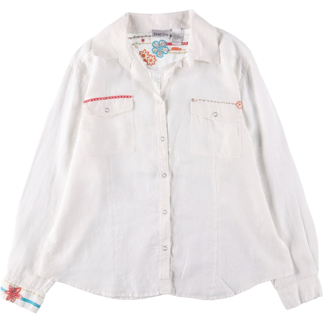 CHICO'S Floral Open Collar Long Sleeve Linen Shirt, Women's Size L linen white type Vintage Second Hand