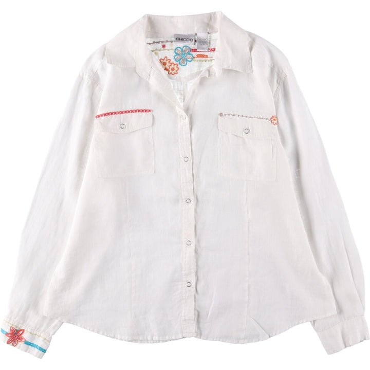 CHICO'S Floral Open Collar Long Sleeve Linen Shirt, Women's Size L linen white type Vintage Second Hand