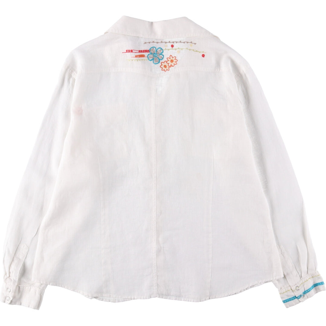 CHICO'S Floral Open Collar Long Sleeve Linen Shirt, Women's Size L linen white type Vintage Second Hand