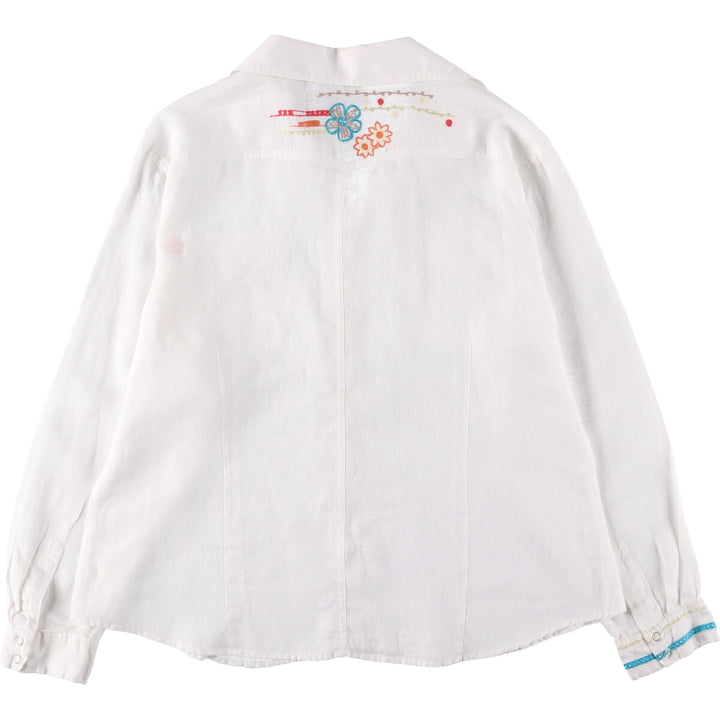 CHICO'S Floral Open Collar Long Sleeve Linen Shirt, Women's Size L linen white type Vintage Second Hand