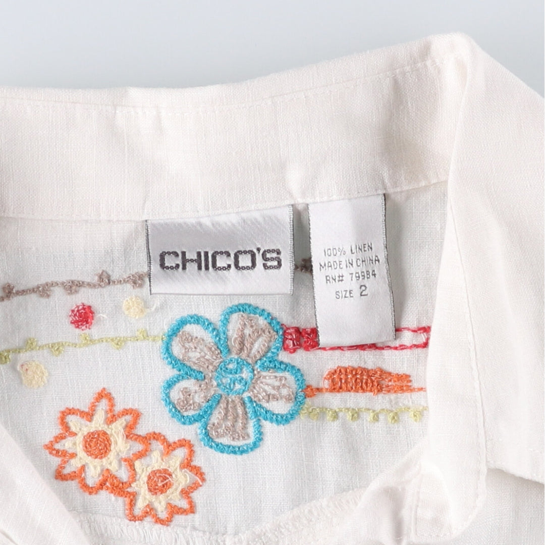 CHICO'S Floral Open Collar Long Sleeve Linen Shirt, Women's Size L linen white type Vintage Second Hand