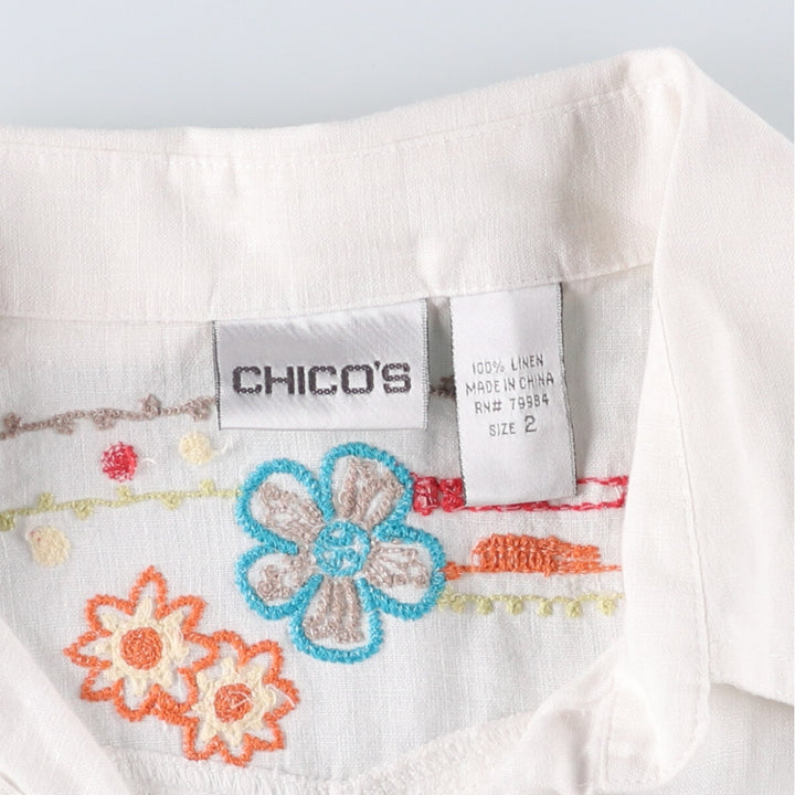 CHICO'S Floral Open Collar Long Sleeve Linen Shirt, Women's Size L linen white type Vintage Second Hand