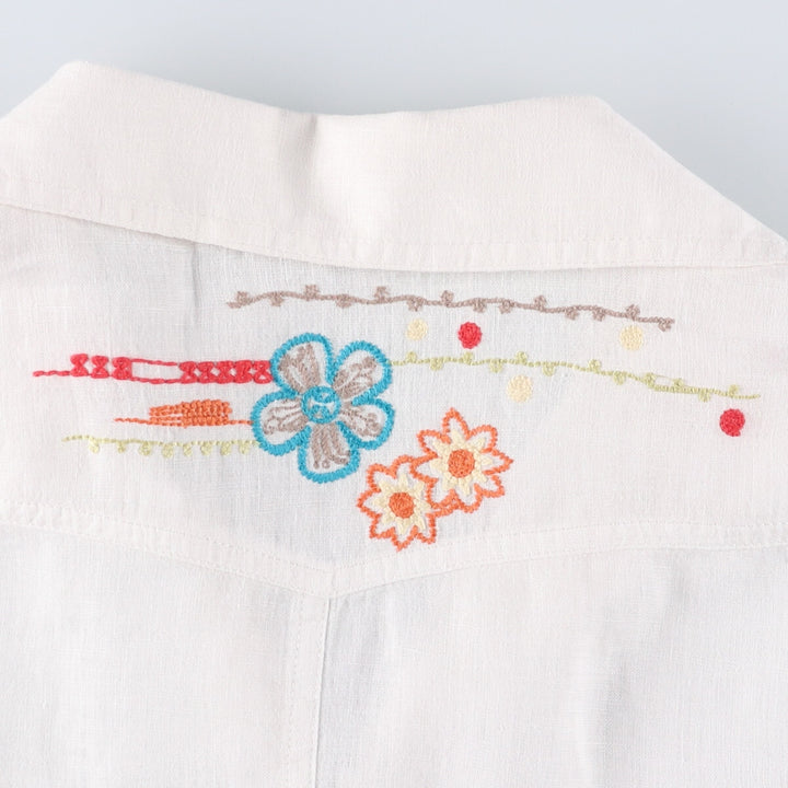 CHICO'S Floral Open Collar Long Sleeve Linen Shirt, Women's Size L linen white type Vintage Second Hand