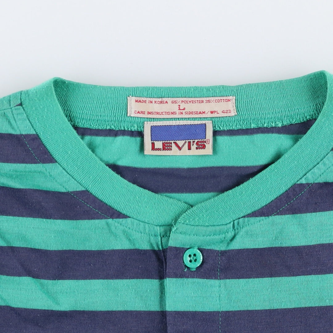 Levi's Henley neck short sleeve striped T-shirt, men's size L polyester green type Vintage Second Hand