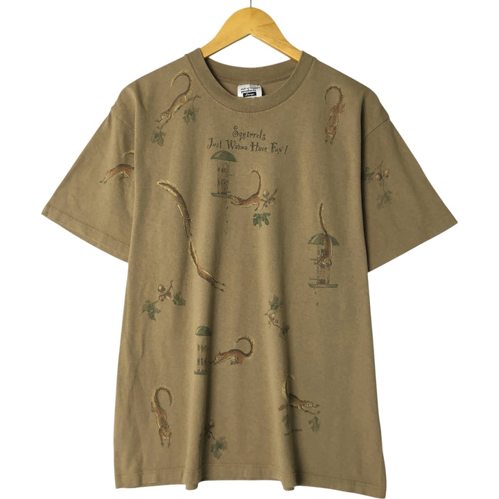 90'S - Relevant rel e vant Squirrel Pattern Animal T-Shirt, Made in USA, Men's Size L, Vintage cotton Khaki type Vintage Second Hand