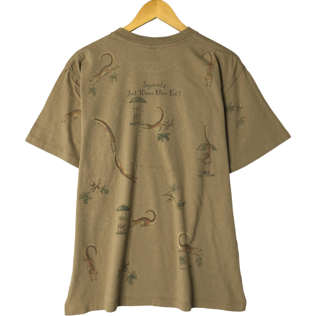 90'S - Relevant rel e vant Squirrel Pattern Animal T-Shirt, Made in USA, Men's Size L, Vintage cotton Khaki type Vintage Second Hand