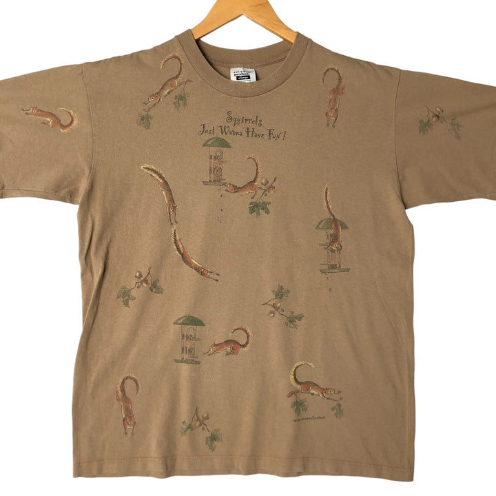 90'S - Relevant rel e vant Squirrel Pattern Animal T-Shirt, Made in USA, Men's Size L, Vintage cotton Khaki type Vintage Second Hand