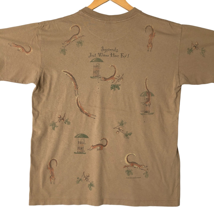 90'S - Relevant rel e vant Squirrel Pattern Animal T-Shirt, Made in USA, Men's Size L, Vintage cotton Khaki type Vintage Second Hand