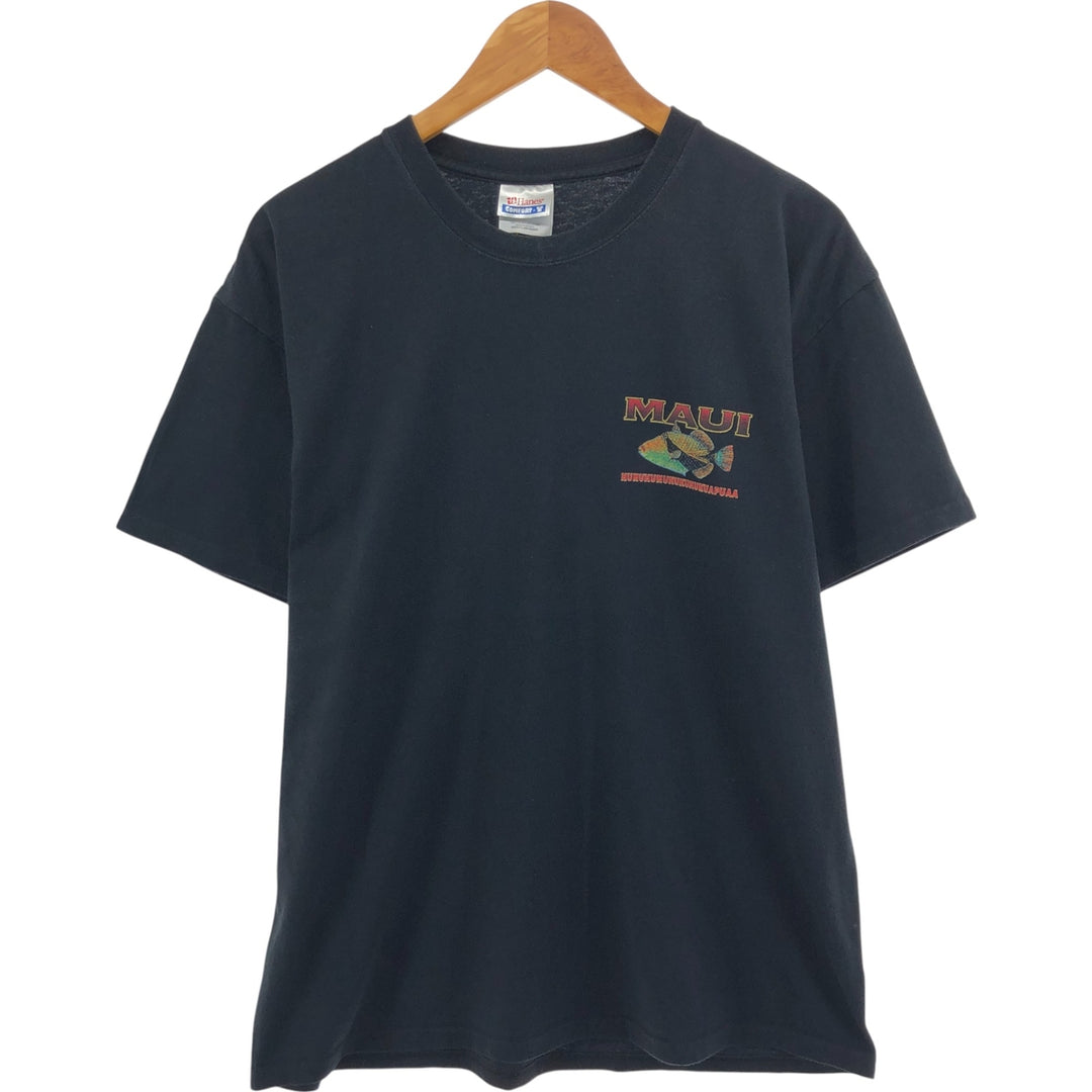 00'S Hanes COMFORT-T Fish Pattern Animal T-shirt Men's L size cotton black type Vintage Second Hand