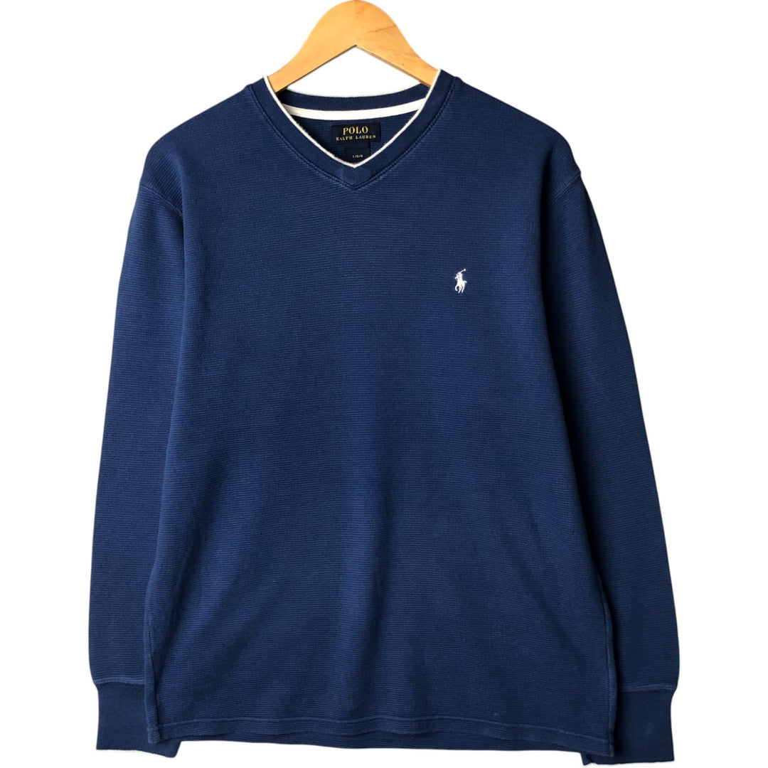 Ralph Lauren POLO RALPH LAUREN V-neck thermal long-sleeved T-shirt, waffle, men's size L cotton blue type Vintage Second Hand