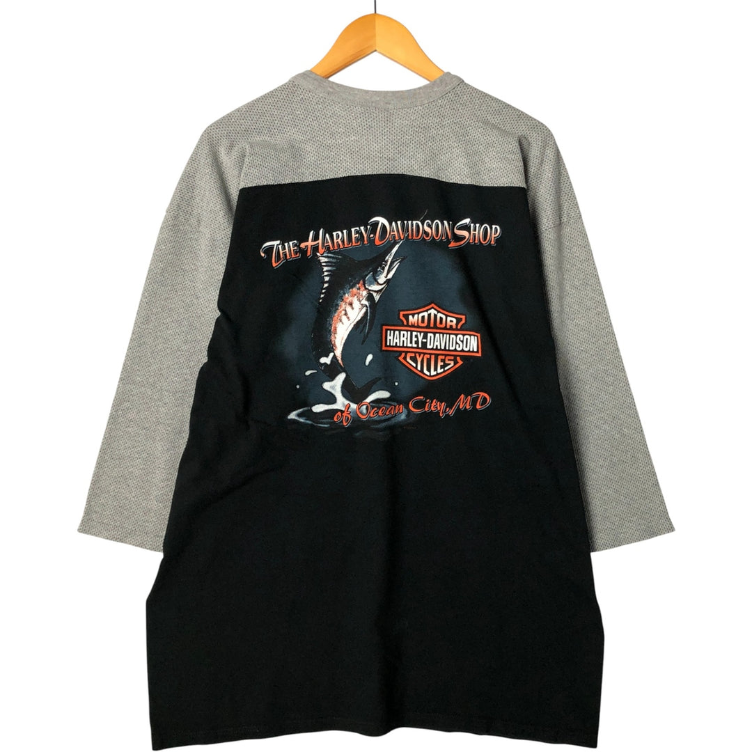 Vintage 90'S Harley-Davidson Marlin Pattern 3/4 Sleeve Motorcycle T-Shirt, Made in USA, Men's XL cotton black type Vintage Second Hand