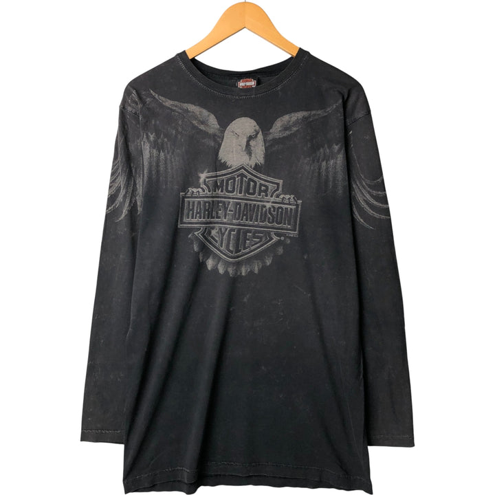 2000'S Harley-Davidson Eagle Pattern Motorcycle Large Print Long Sleeve T-Shirt, Made in USA, Men's Size L cotton Charcoal Vintage Second Hand