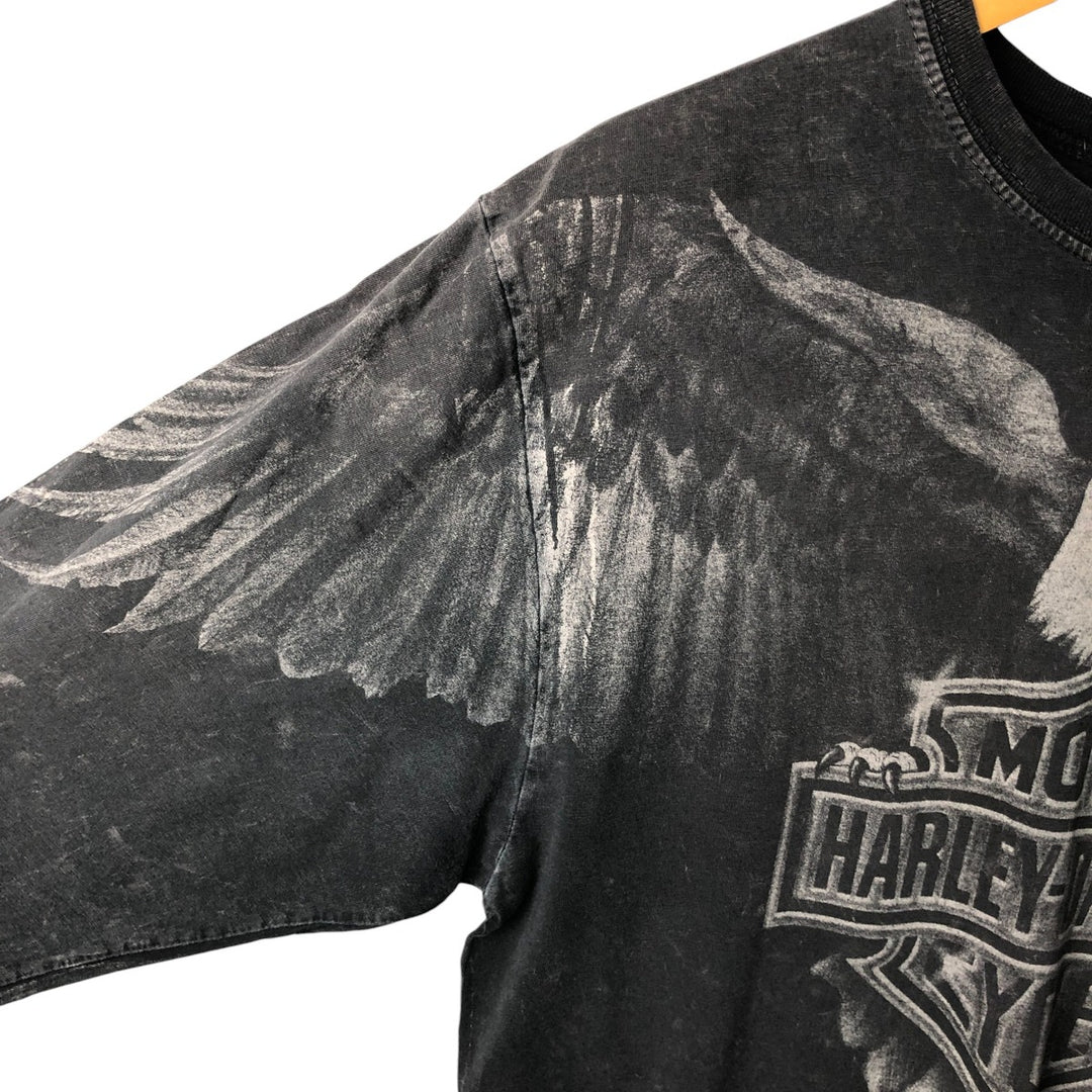 2000'S Harley-Davidson Eagle Pattern Motorcycle Large Print Long Sleeve T-Shirt, Made in USA, Men's Size L cotton Charcoal Vintage Second Hand