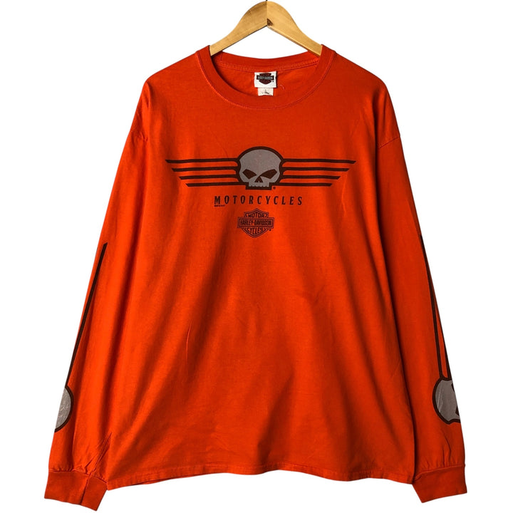 Harley-Davidson Motorcycle Skull Pattern Long Sleeve T-Shirt, Men's Size XL cotton orange type Vintage Second Hand
