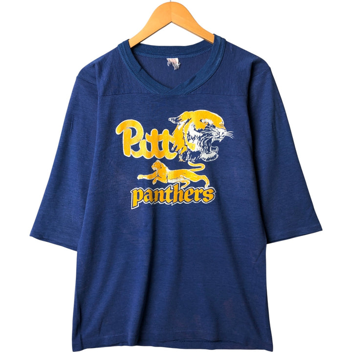 V-neck college football half-sleeve T-shirt, men's size M cotton blue type Vintage Second Hand