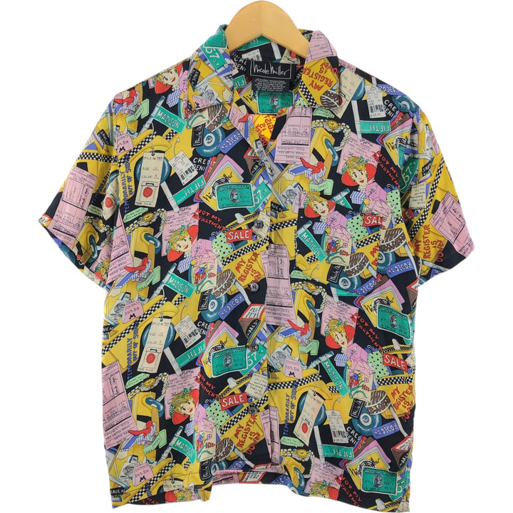 90'S Nicole Miller all-over print short sleeve open collar silk shirt, women's size S, vintage silk multicolor Vintage Second Hand