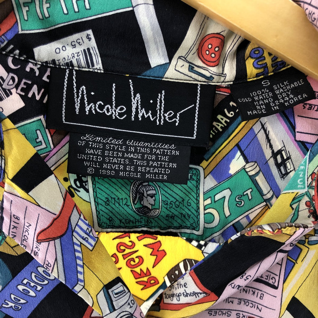 90'S Nicole Miller all-over print short sleeve open collar silk shirt, women's size S, vintage silk multicolor Vintage Second Hand