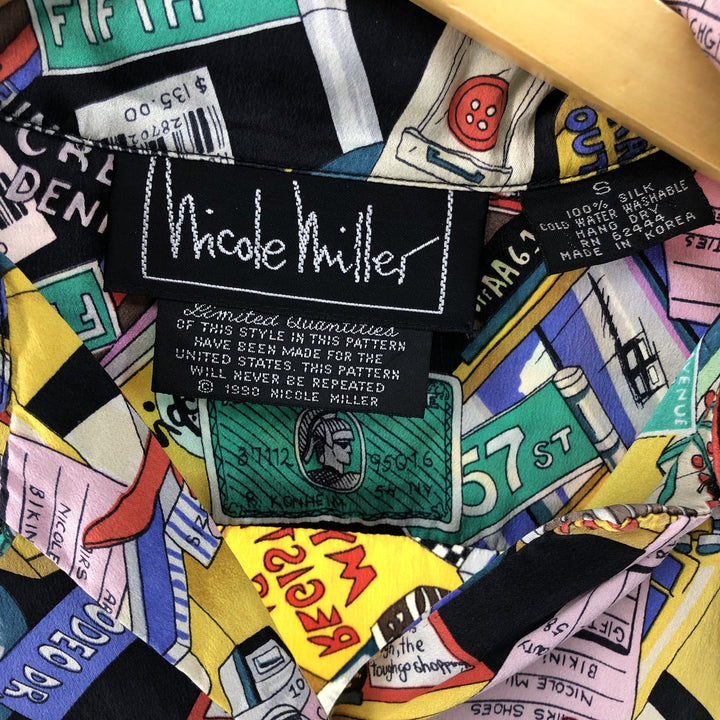 90'S Nicole Miller all-over print short sleeve open collar silk shirt, women's size S, vintage silk multicolor Vintage Second Hand