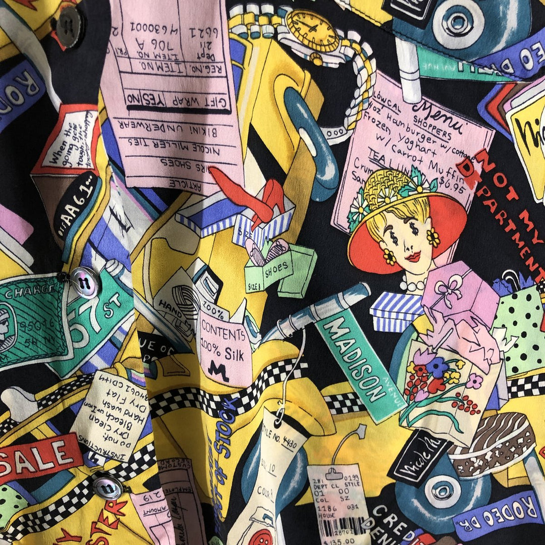 90'S Nicole Miller all-over print short sleeve open collar silk shirt, women's size S, vintage silk multicolor Vintage Second Hand