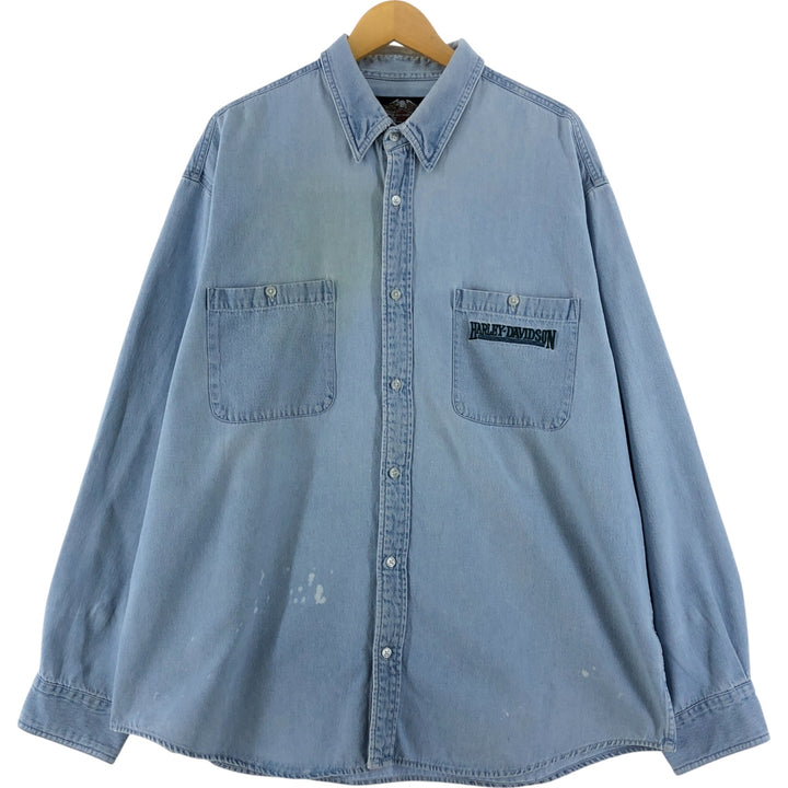 00'S Harley-Davidson Hidden Button-Down Long Sleeve Denim Shirt, Men's XXL cotton Blue type light blue Vintage Second Hand