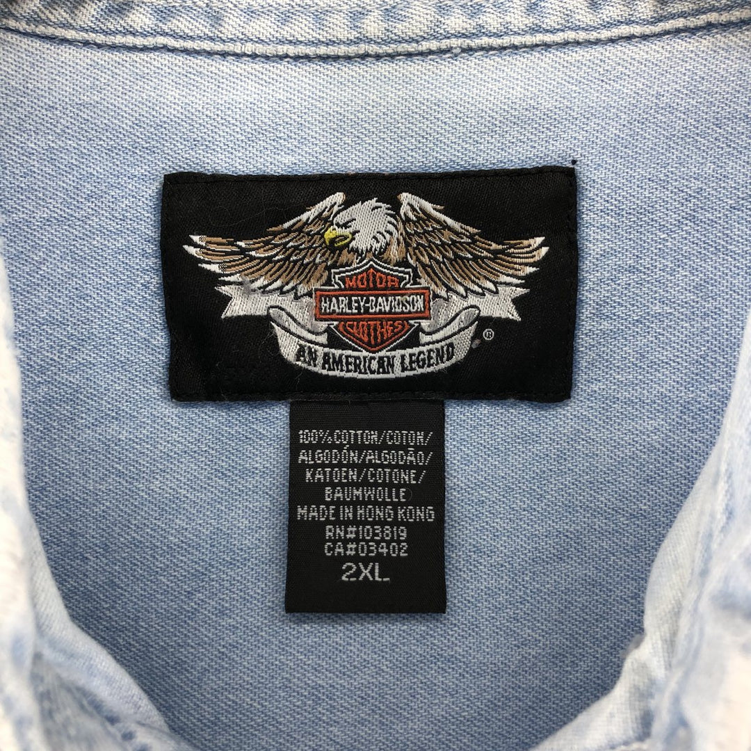 00'S Harley-Davidson Hidden Button-Down Long Sleeve Denim Shirt, Men's XXL cotton Blue type light blue Vintage Second Hand