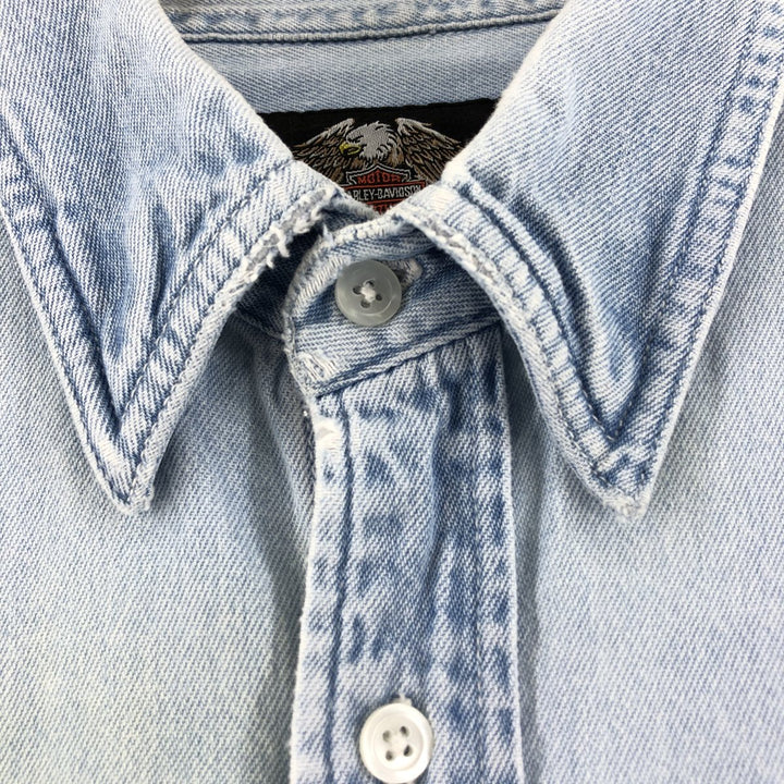 00'S Harley-Davidson Hidden Button-Down Long Sleeve Denim Shirt, Men's XXL cotton Blue type light blue Vintage Second Hand