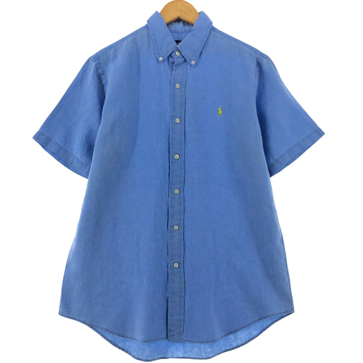 Ralph Lauren Plain Short Sleeve Linen Button-Down Shirt, Men's Size M linen Blue type light blue Vintage Second Hand