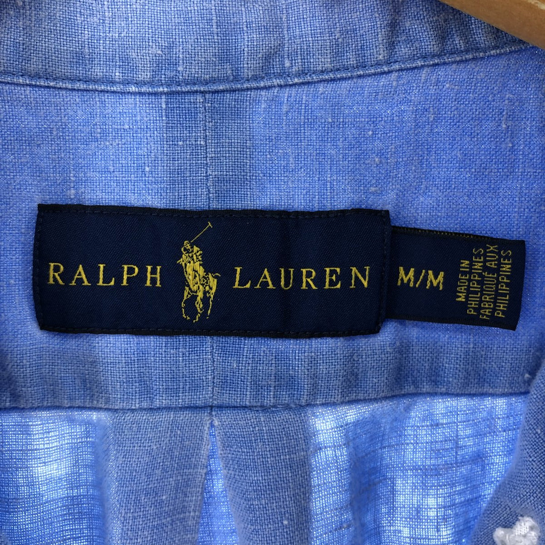 Ralph Lauren Plain Short Sleeve Linen Button-Down Shirt, Men's Size M linen Blue type light blue Vintage Second Hand