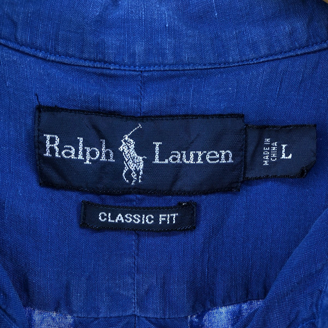 Ralph Lauren Classic Fit short sleeve linen button down shirt, men's size L linen blue type Vintage Second Hand