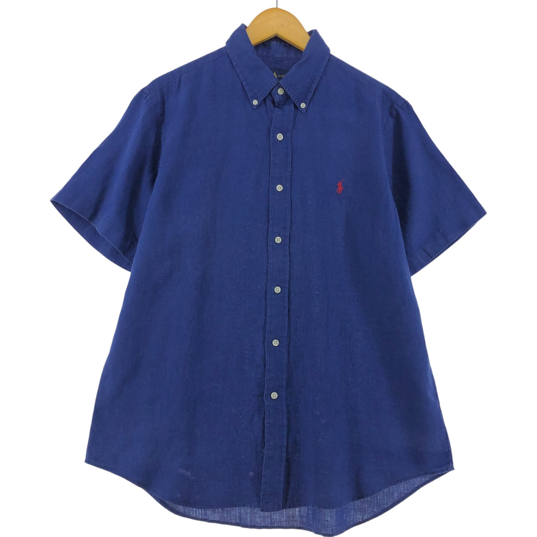 Ralph Lauren short sleeve linen button down shirt, men's size L linen blue type Vintage Second Hand