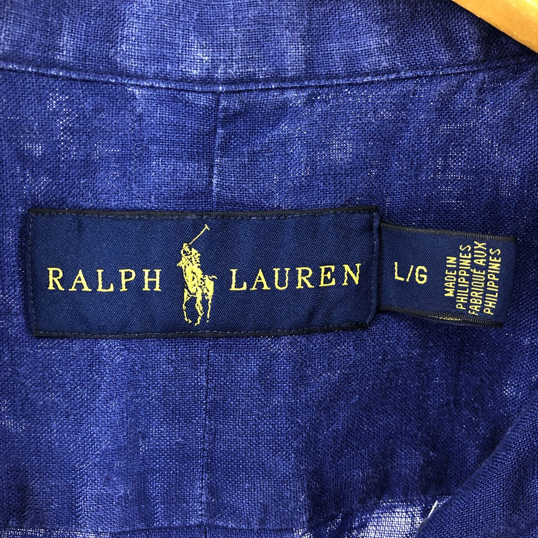 Ralph Lauren short sleeve linen button down shirt, men's size L linen blue type Vintage Second Hand