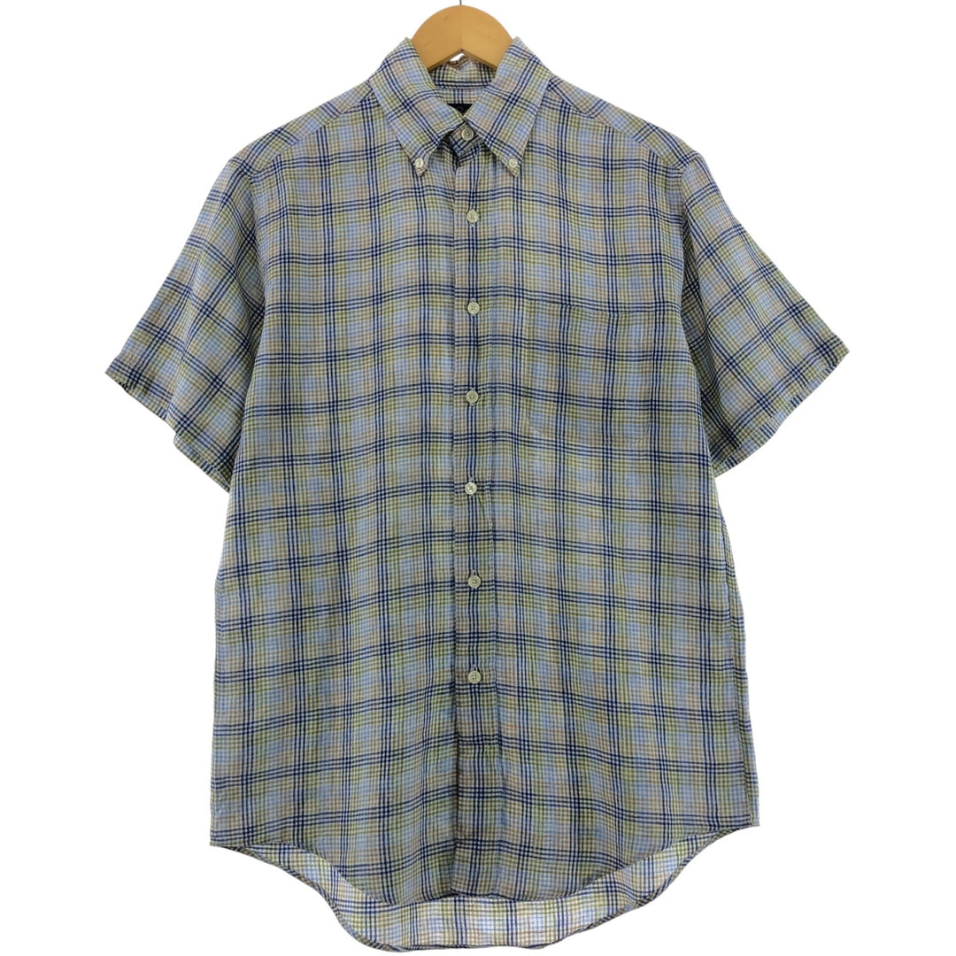 Brooks Brothers Check Pattern Short Sleeve Linen Button Down Shirt Men's Size S linen blue type Vintage Second Hand