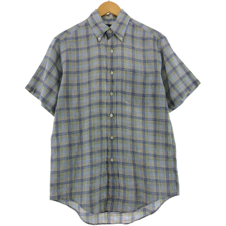 Brooks Brothers Check Pattern Short Sleeve Linen Button Down Shirt Men's Size S linen blue type Vintage Second Hand