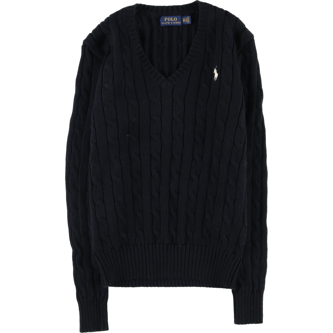 Ralph Lauren POLO RALPH LAUREN Cable knit V-neck cotton knit sweater Women's XS size cotton black type Vintage Second Hand