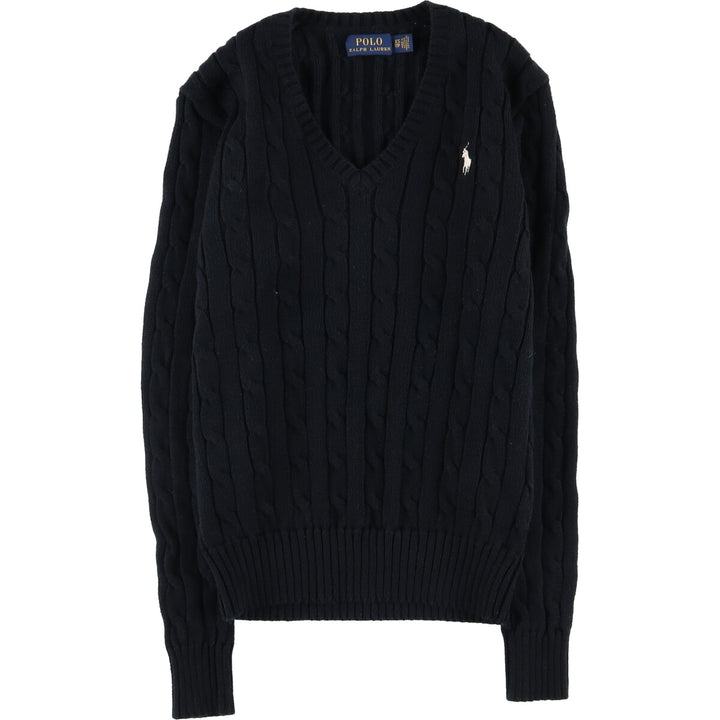 Ralph Lauren POLO RALPH LAUREN Cable knit V-neck cotton knit sweater Women's XS size cotton black type Vintage Second Hand
