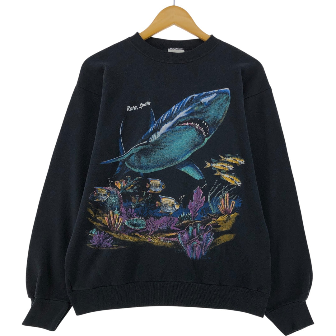 90'S Tartex Shark Pattern Animal Sweatshirt, Made in USA, Men's L Size, Vintage cotton black type Vintage Second Hand