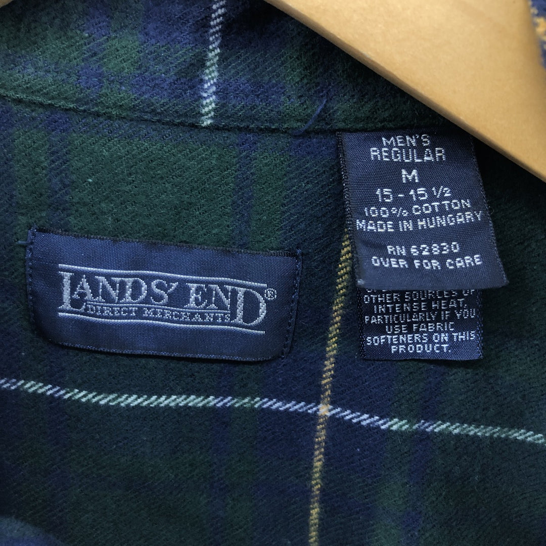 00s-90'S LANDS END Long Sleeve Button Down Flannel Check Shirt Men's M Vintage cotton Green type dark green Vintage Second Hand