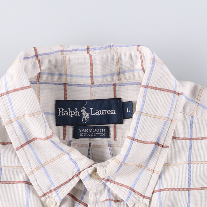 Ralph Lauren YARMOUTH short sleeve button down check shirt, men's size L cotton white type Vintage Second Hand